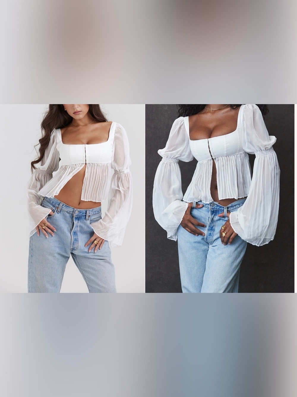 House of CB “Lucie” White Sheer Puff-Sleeve Peplum Crop Top